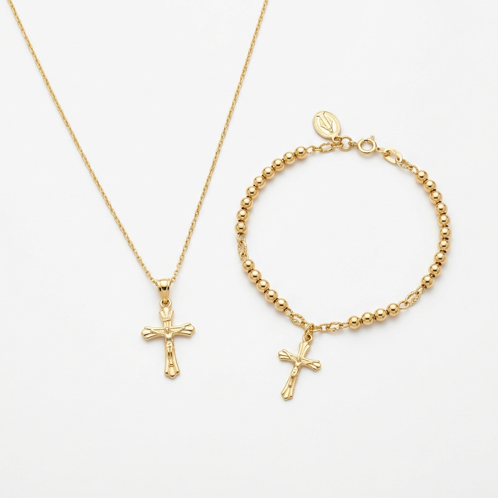 14k Solid Gold Cross + Rosary Bracelet Set